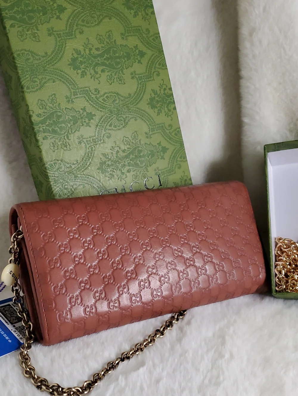Gucci Coral Embossed GG Leather Chain Clutch with Gold Hardware